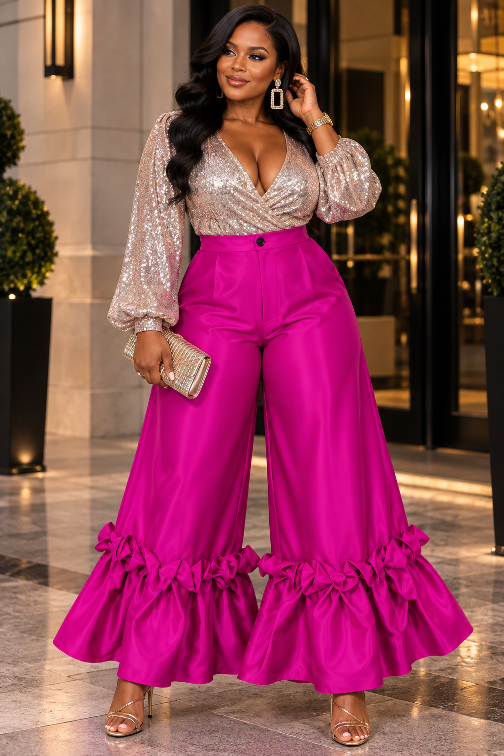 Plus Size Fuchsia High-Waist Wide-Leg Statement Ruffle Pants 1X–3X