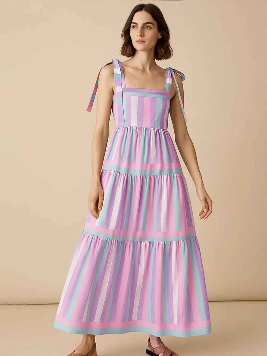 Striped Tiered Maxi Summer Dress with Bow Shoulder Ties