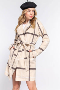 LONG SLV BELTED PLAID WOVEN JACKET