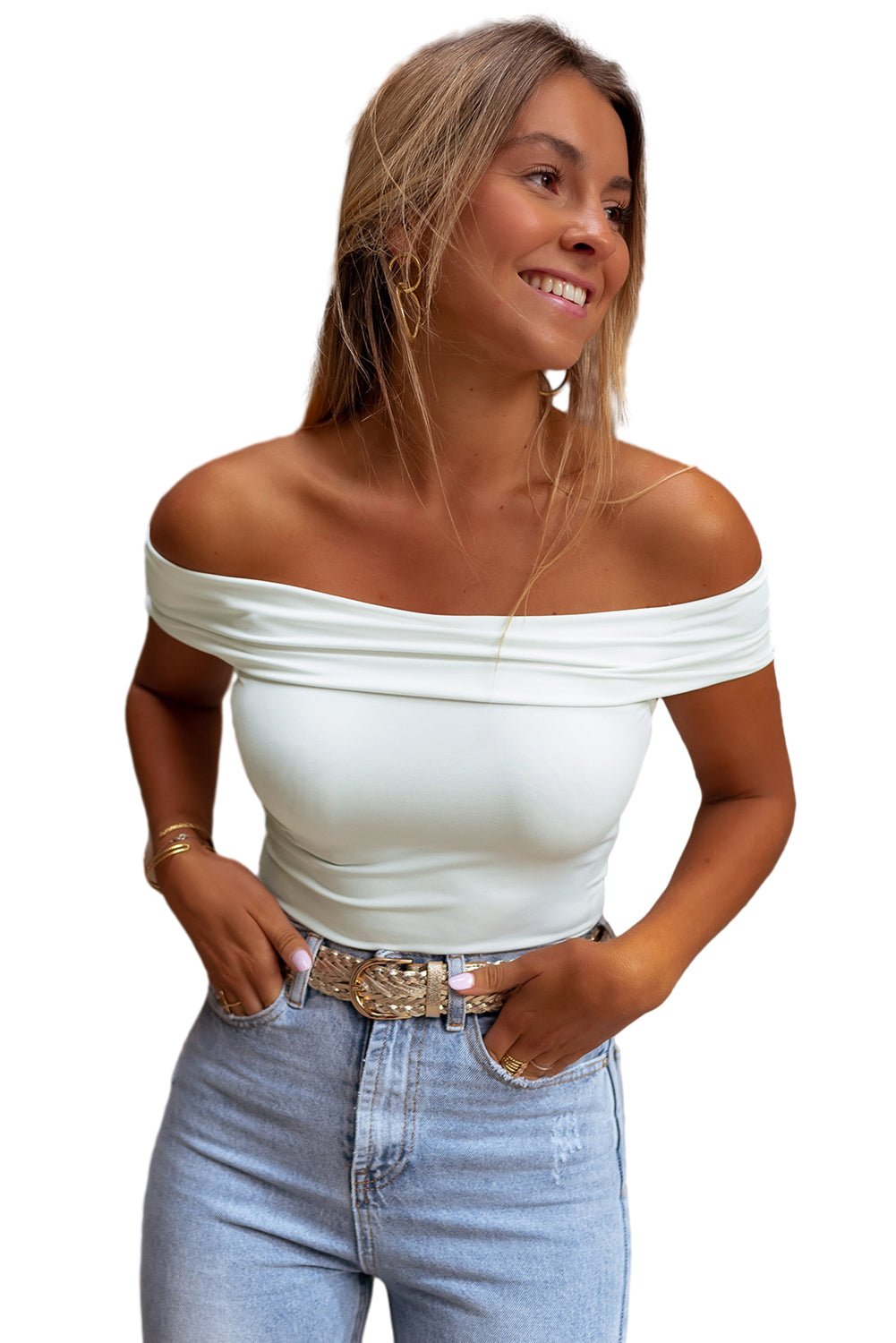 White Solid Color Folded Off Shoulder Slim Shirt