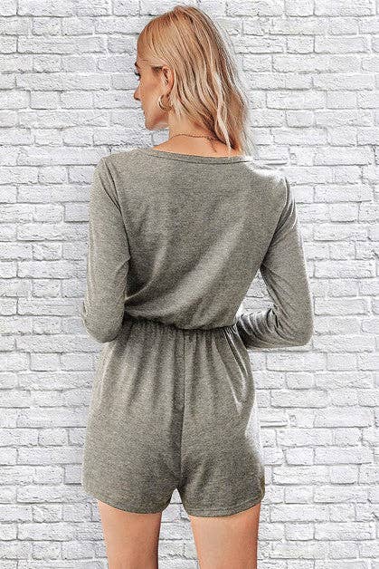 Pocket Tie-Waist Button-Front V-Neck Romper - Clearance