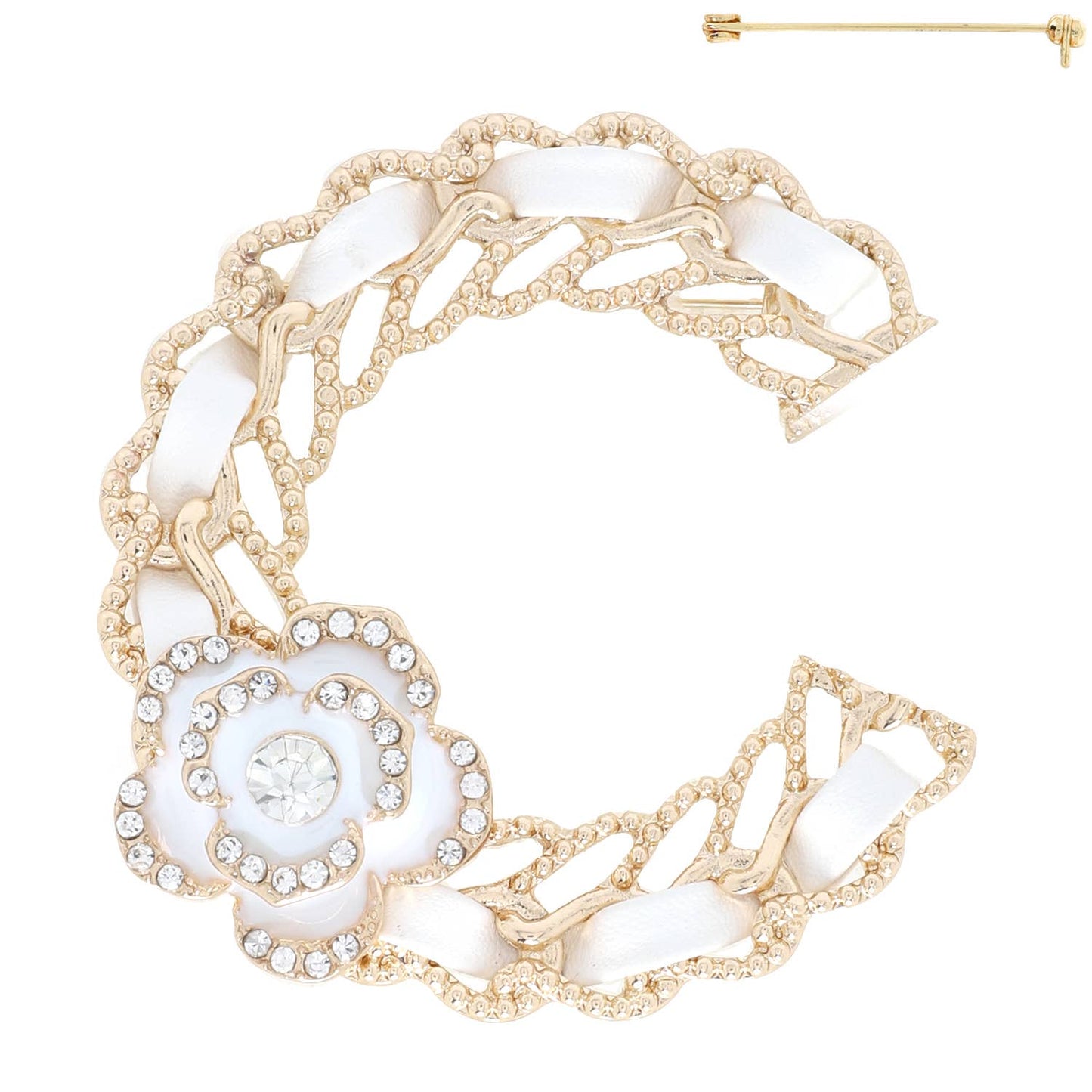 Woven Chain Letter "C" Brooch Pin w/ Floral Accent