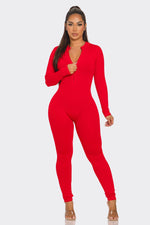 Load image into Gallery viewer, Ribbed Half Zip Long Sleeve Bodycon Jumpsuit
