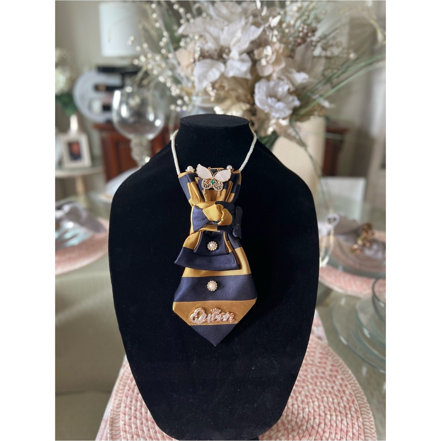 Queen Bee Statement Tie Necklace – Navy & Gold Satin with Bee Brooch