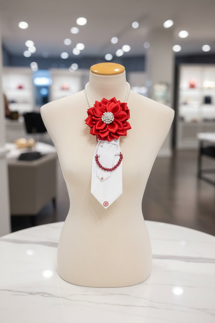 Mannequin wearing a white outfit with a red floral accessory and pearl necklace.