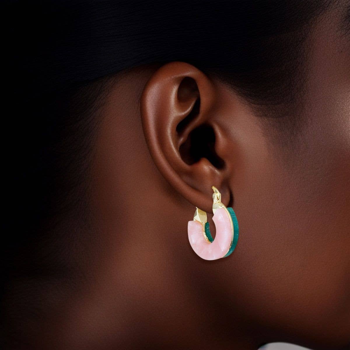 Hoop 14K Gold Marbled Pink Green Earrings Women