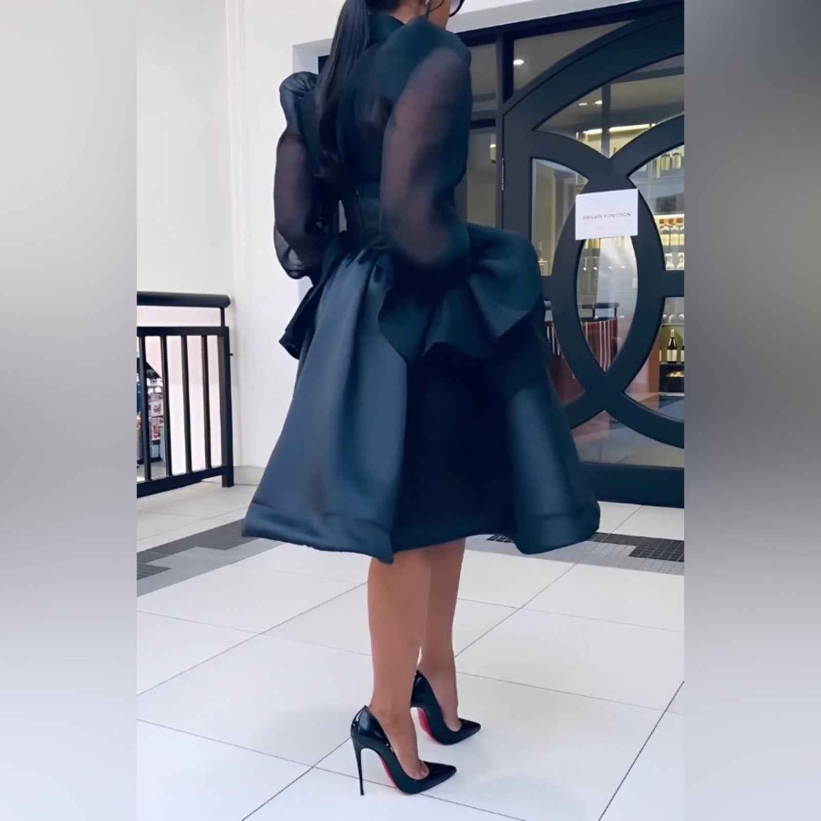 Stylish Black Mesh with Sheer Bell Sleeves Blouse Skirt Set