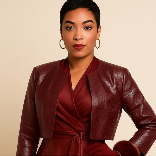 Burgundy Croc-Embossed Faux Leather Cropped Jacket