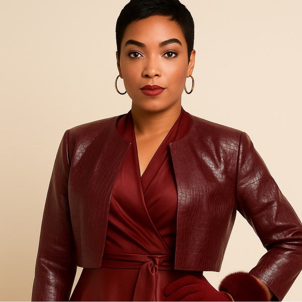Burgundy Croc-Embossed Faux Leather Cropped Jacket
