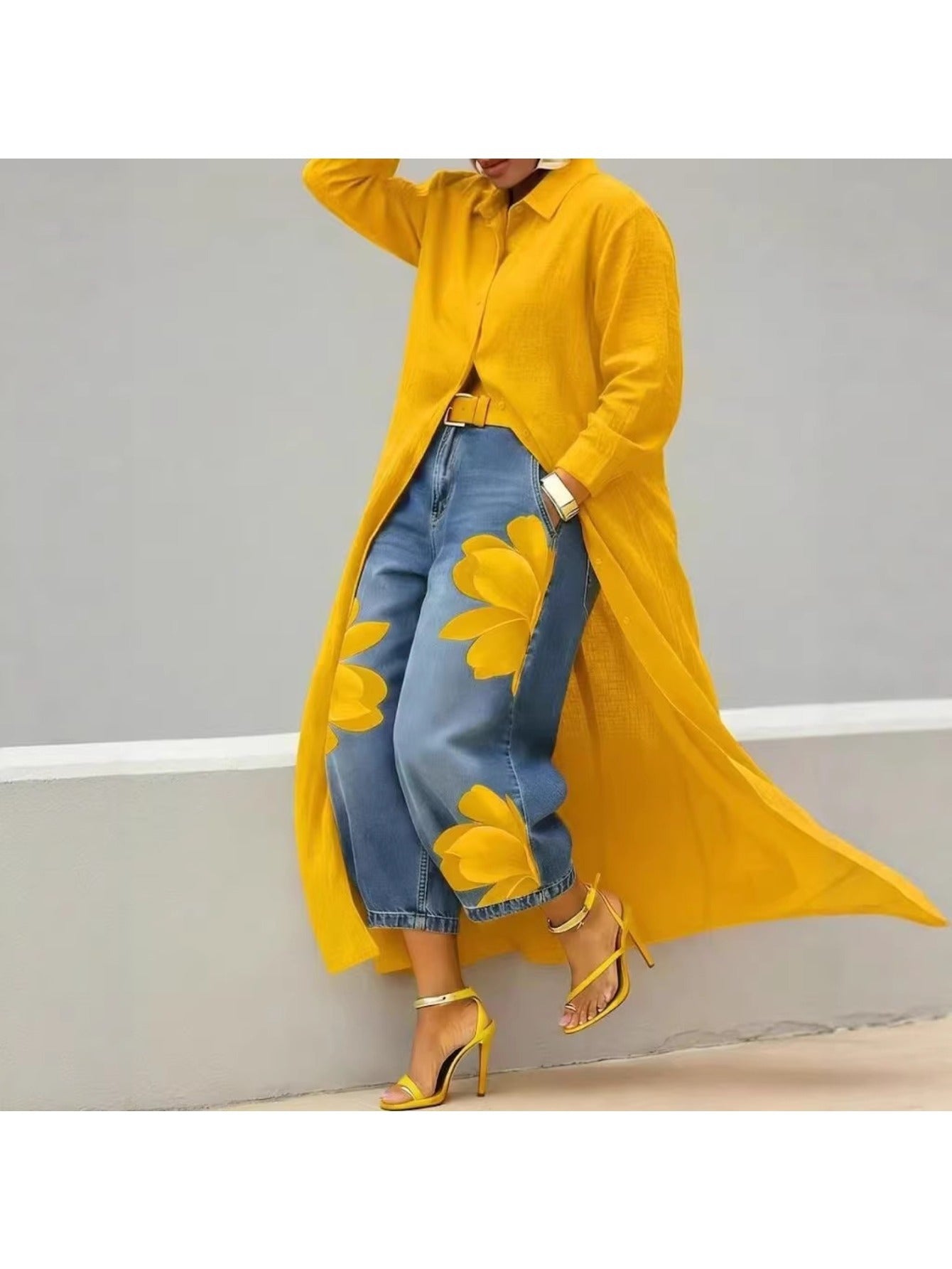 Floral Print Wide-Leg Cropped Jeans Yellow