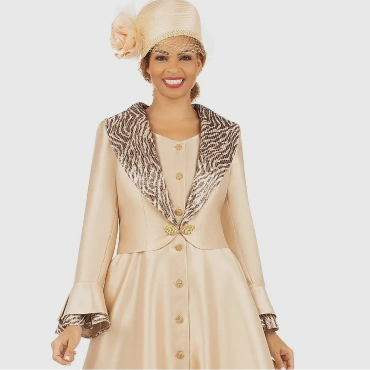 Giovanna Champagne A-Line 2pc Collar Coat Dress with Embellished Bell Sleeves