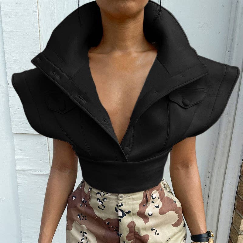 MB FASHION Cropped High Collar Button-Up Top 452R