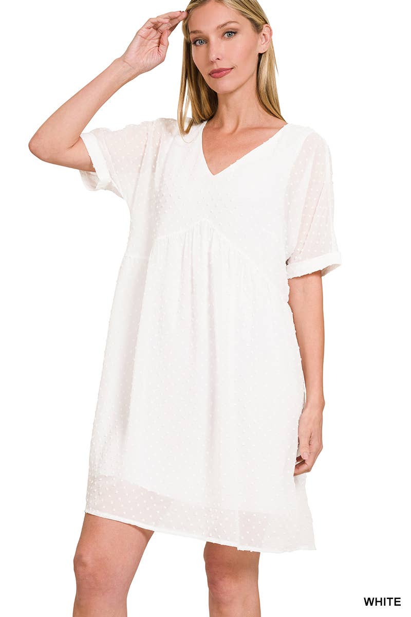 Swiss Dot Babydoll V Neck Dress