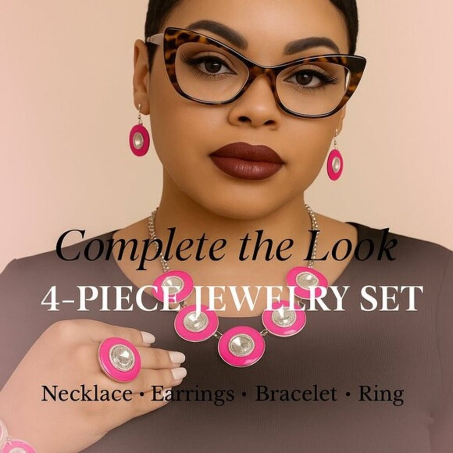 Hot Pink & Silver Rhinestone Jewelry Set – Necklace, Earrings, Bracelet & Ring