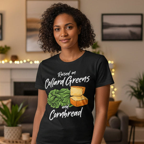 Black t-shirt with 'Raised on Collard Greens and Cornbread' text and graphics on a white background