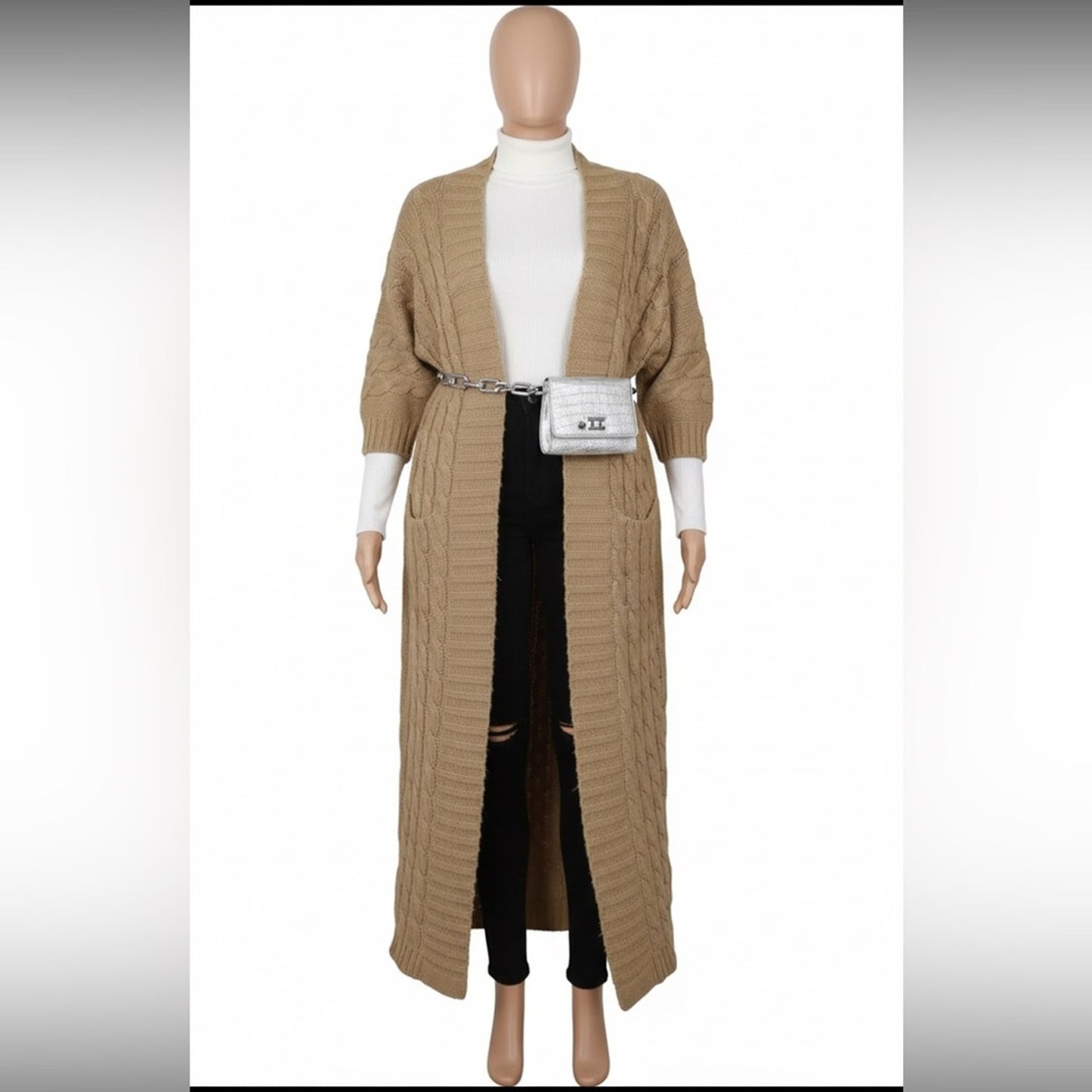 Khaki Long Coat Knit Cardigan