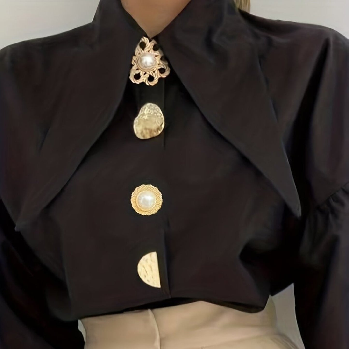 Black Vintage Statement Blouse with Gold Button Detail | Elegant Long Sleeve
