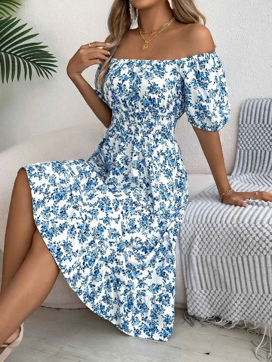 Ruffled Hem Floral Puff Sleeve Dress