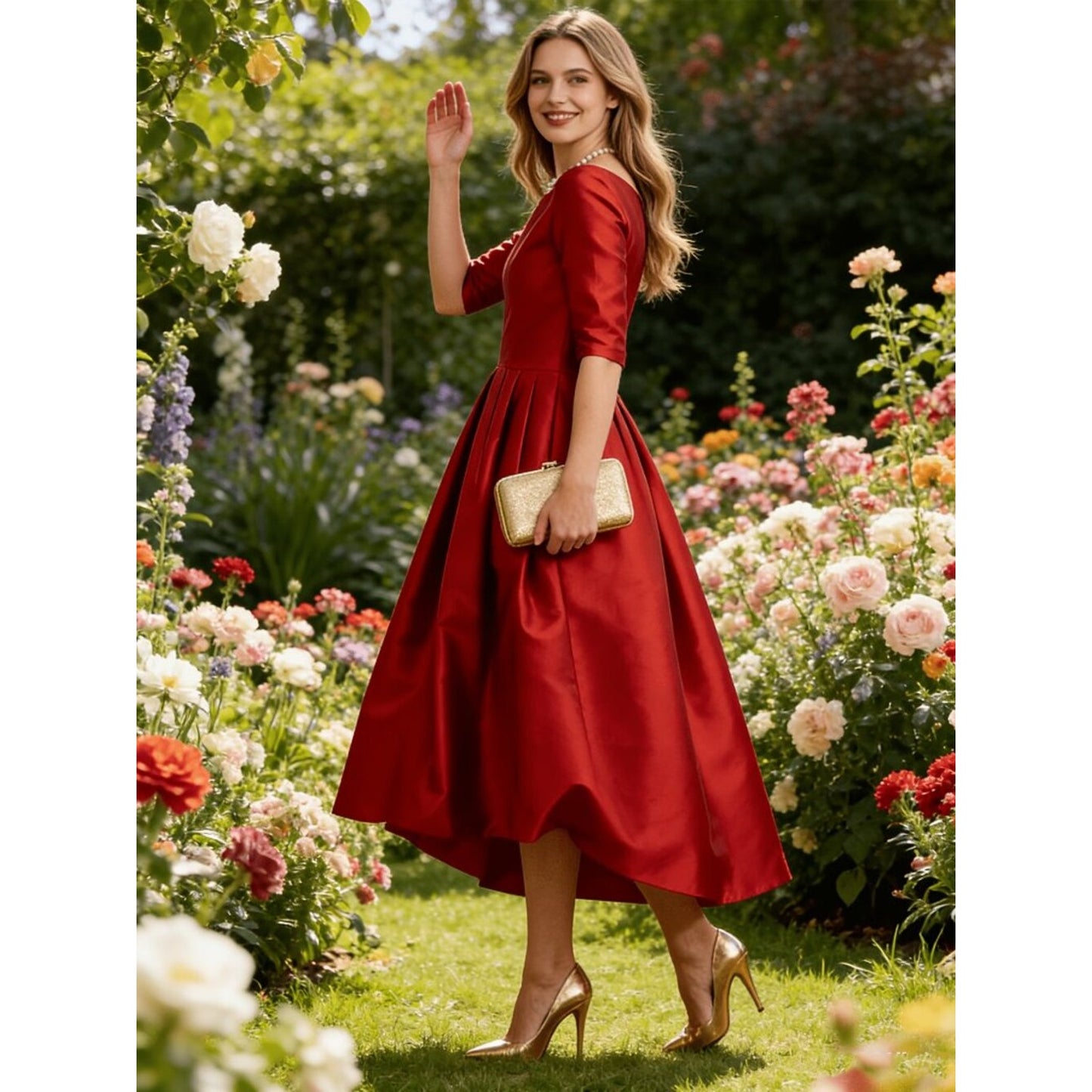 Ruby Elegance Satin Midi Dress