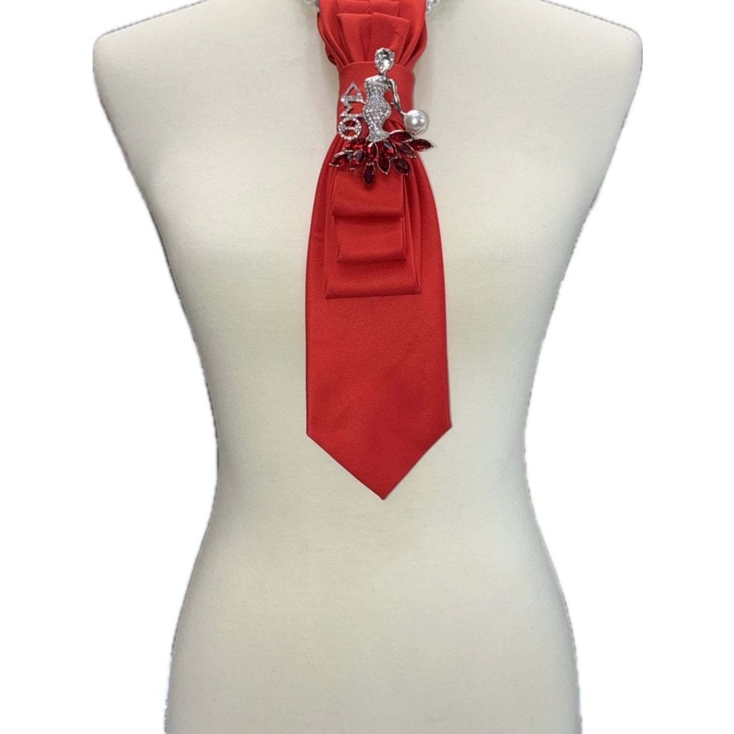 Red Satin Statement Necklace Tie with Rhinestone Delta Brooch