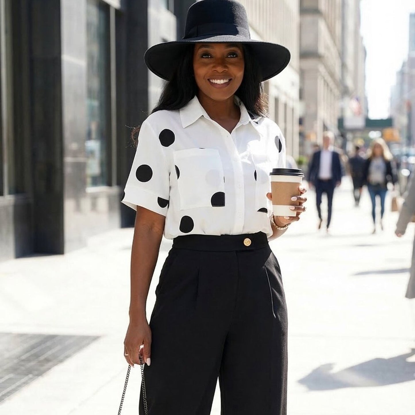White Polka Dot Button-Up Shirt for Women – Short Sleeve Collared Blouse