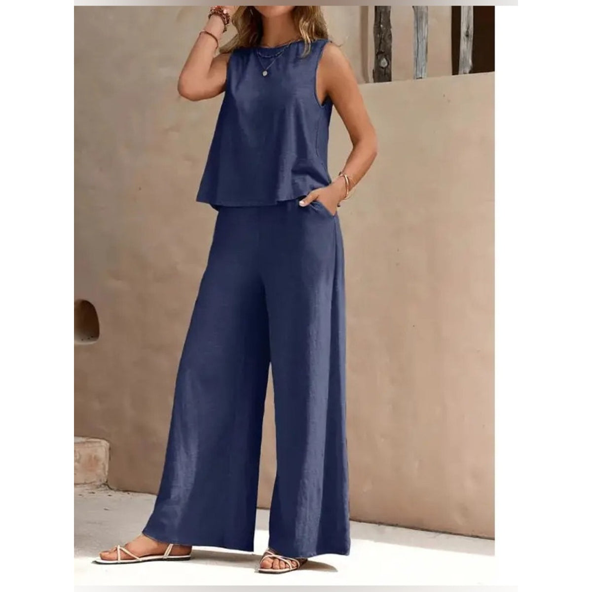 Navy Blue Sleeveless Wide Leg Pants 2 Piece Matching Set XL