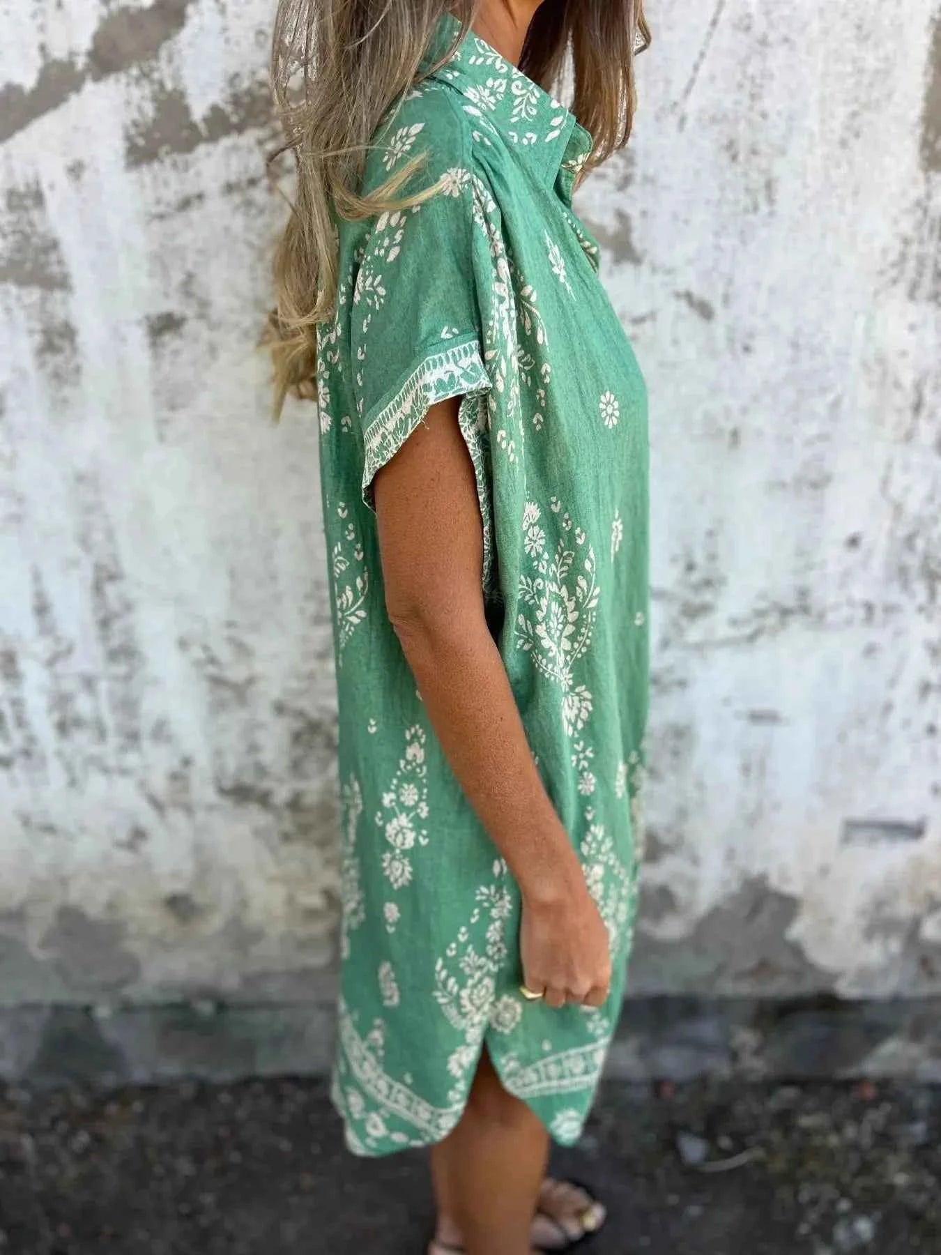 Full Size Printed Short Sleeve Button-Up Shirt Dress Plus Size