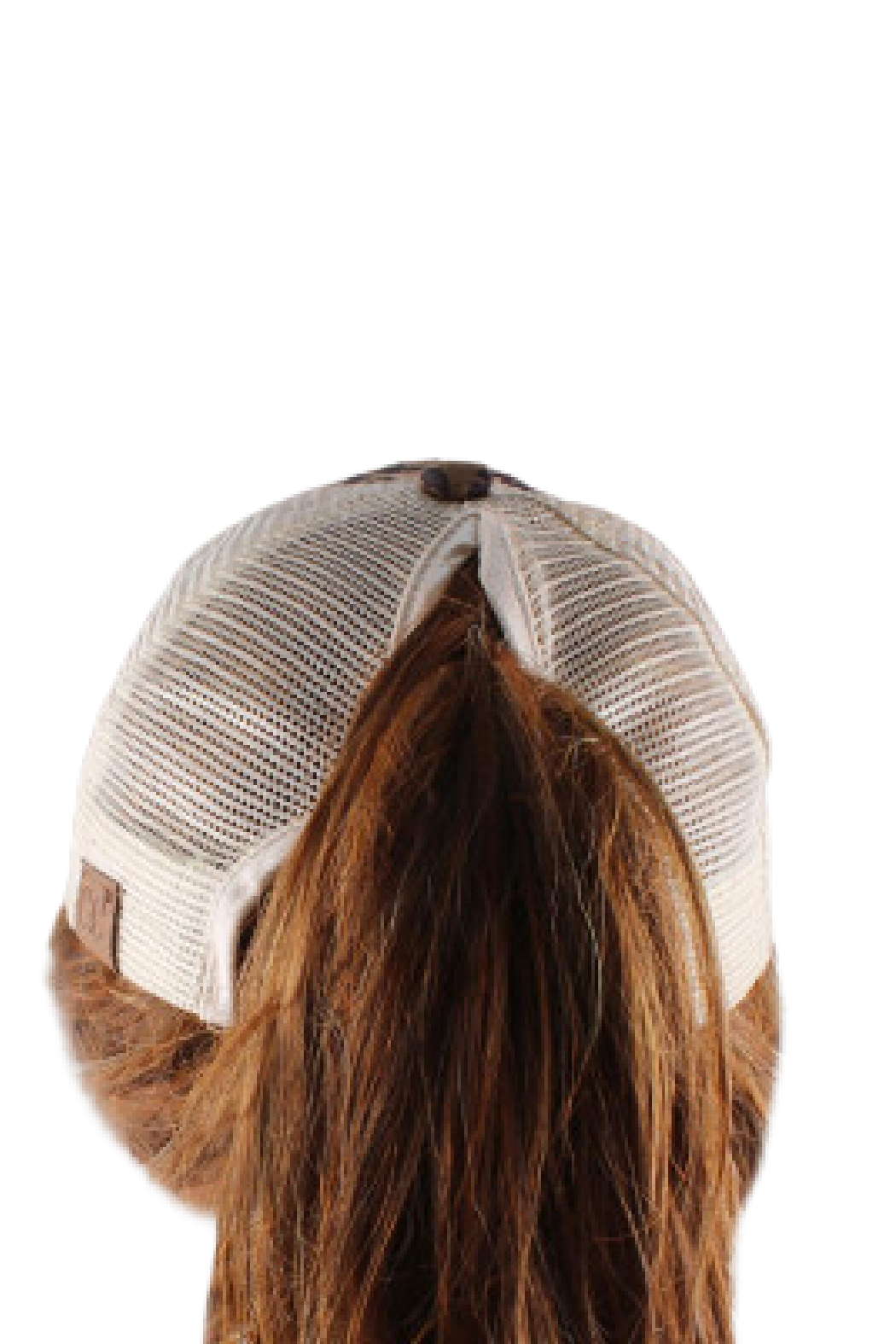 Close-up of a person wearing a cap with a ponytail, on a white background