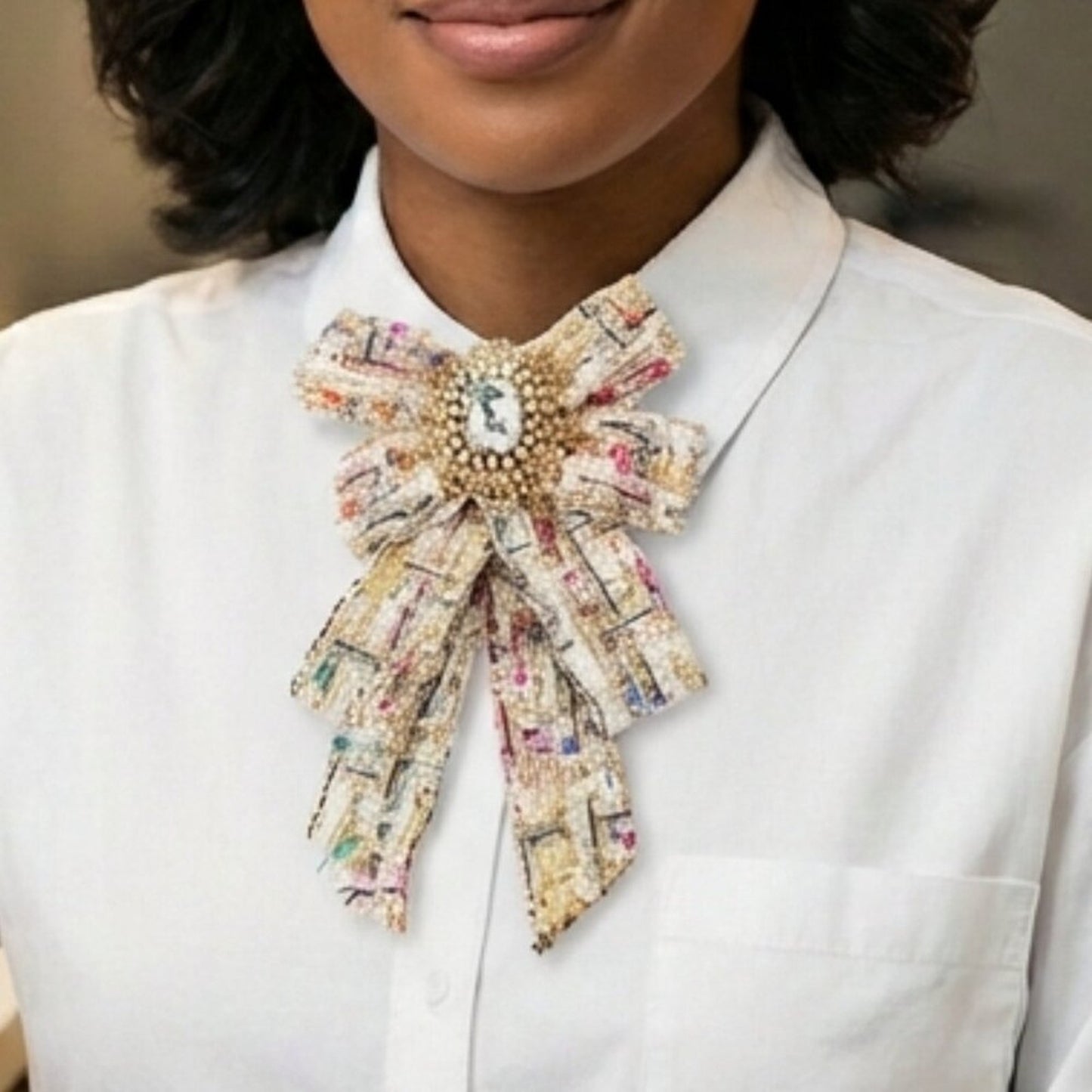 Confetti Tweed Bow Jewel Brooch