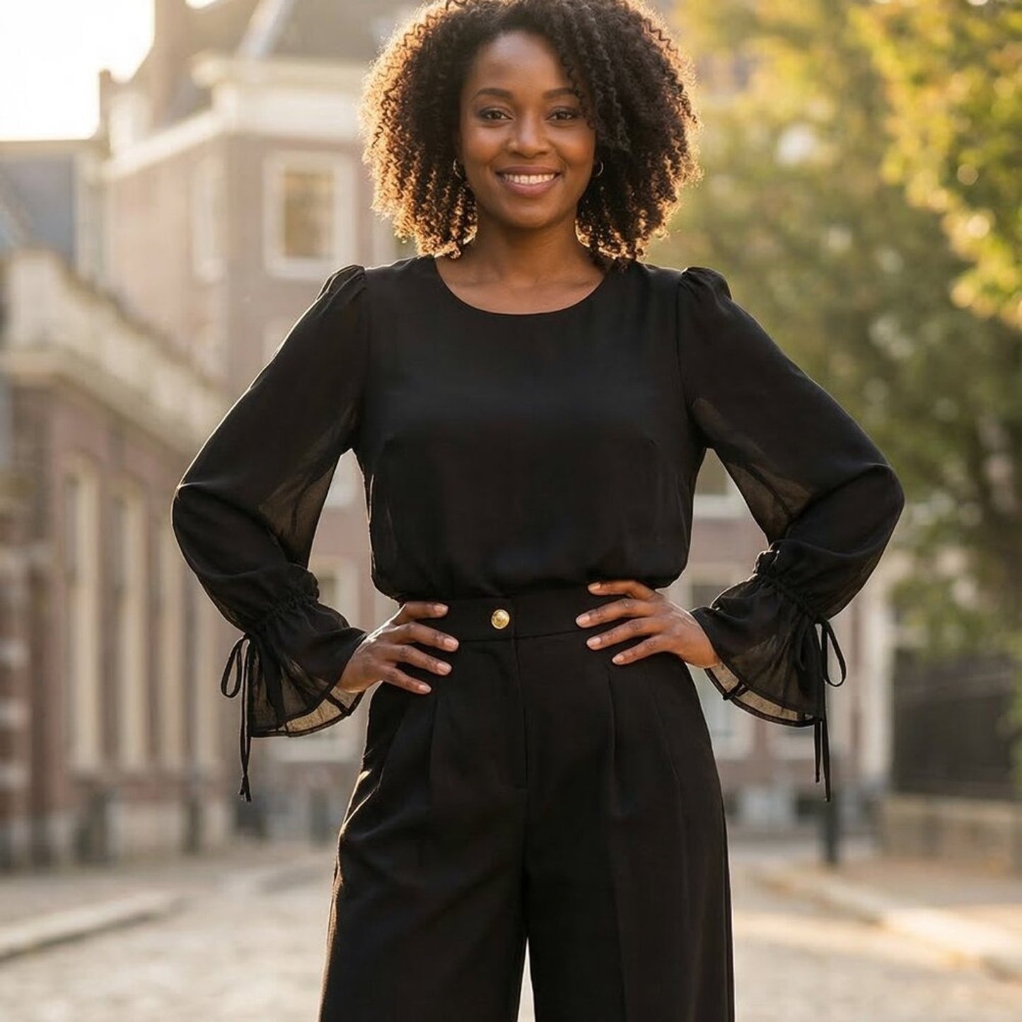 Elegant Black Bell Sleeve Blouse – Ruffle Cuff Tie Sleeve Top |Chic Work, Church
