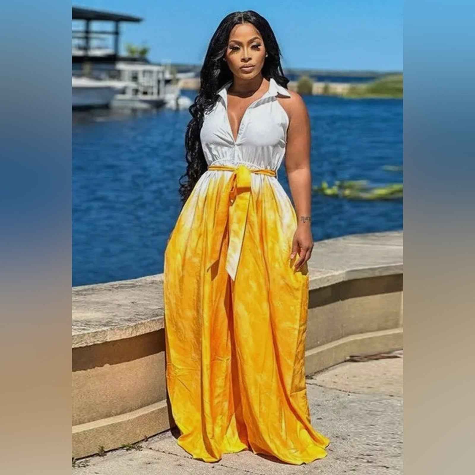 Stylish Yellow and White Halter Maxi Wide Leg Jumpsuit Size L-XXXL