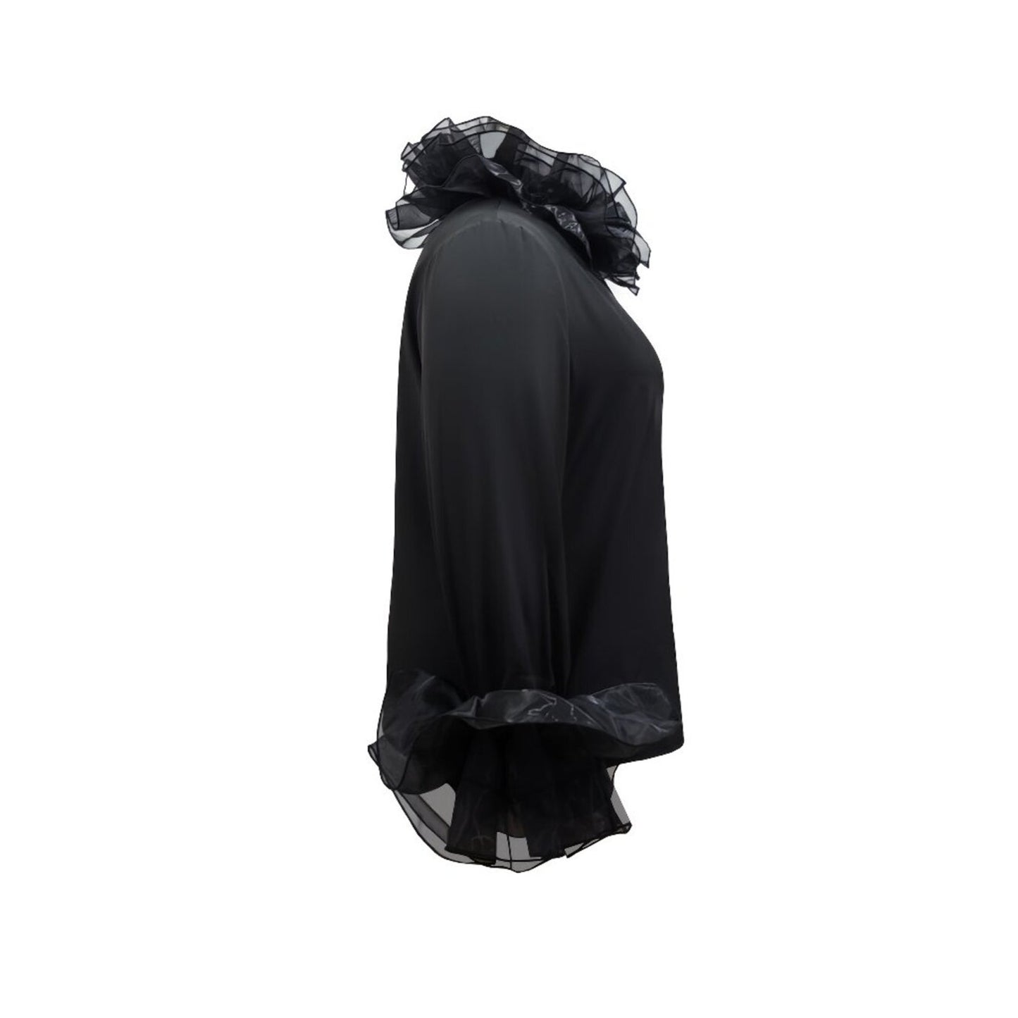 Black garment with sheer black ruffled details on a white background