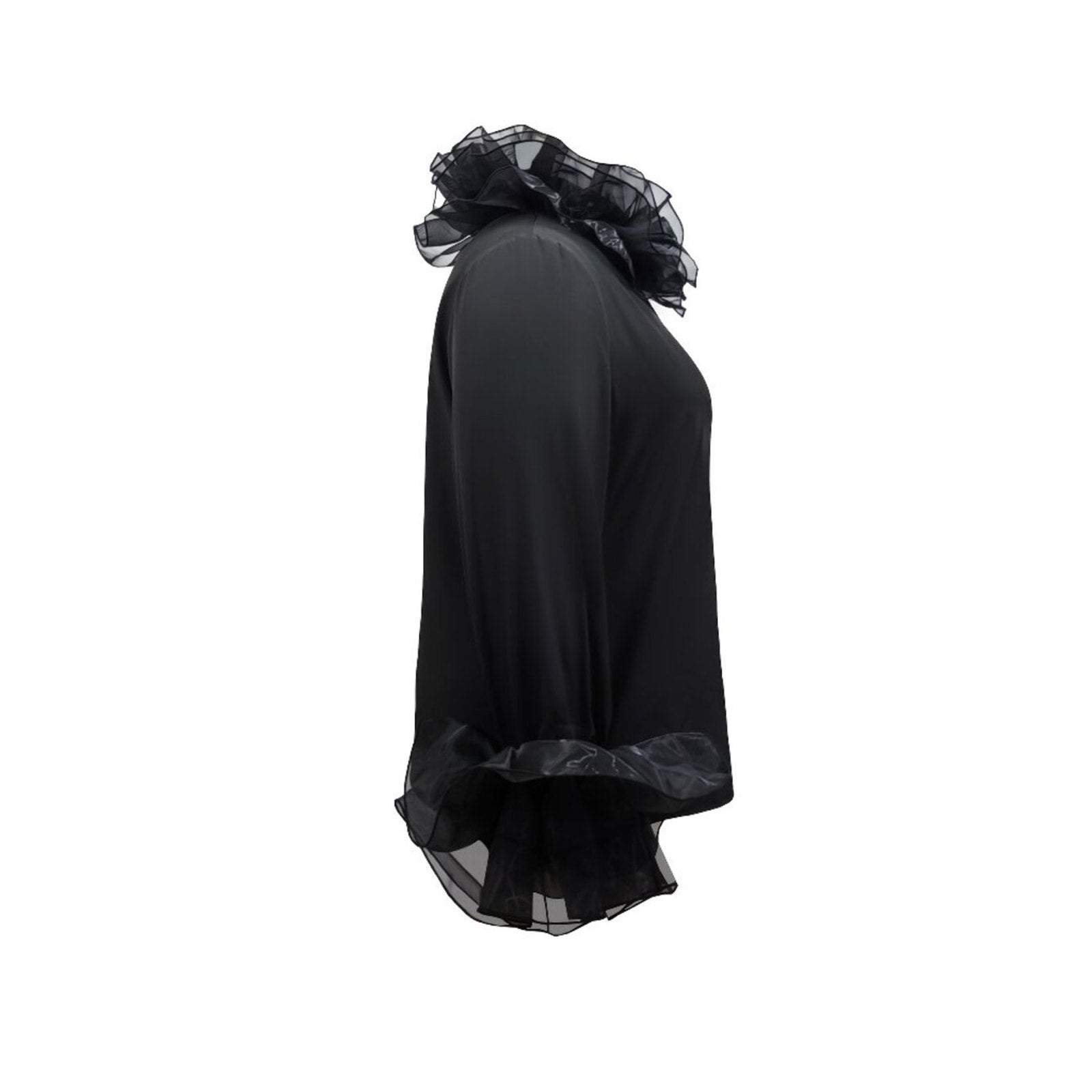 Black garment with sheer black ruffled details on a white background