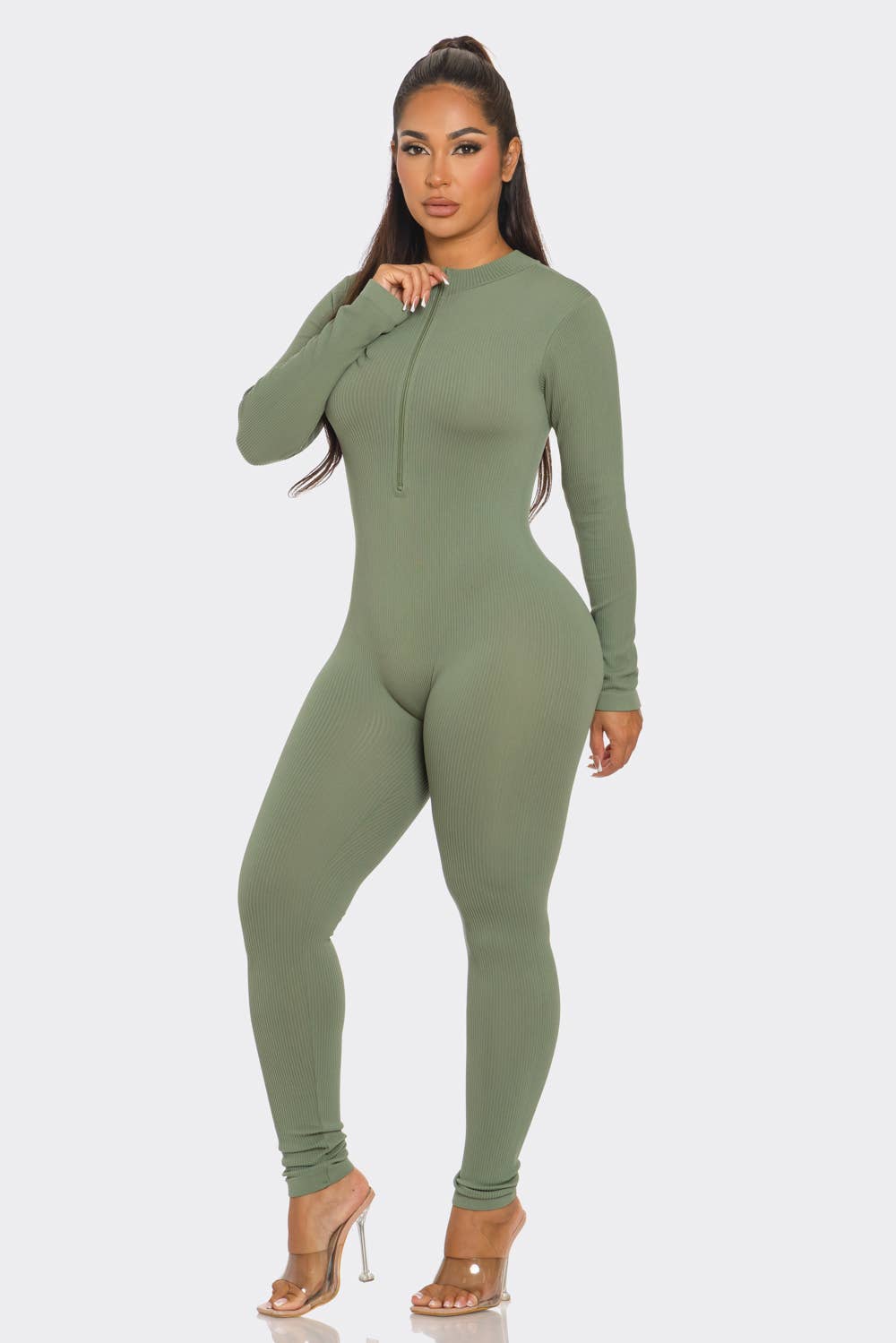 Ribbed Half Zip Long Sleeve Bodycon Jumpsuit