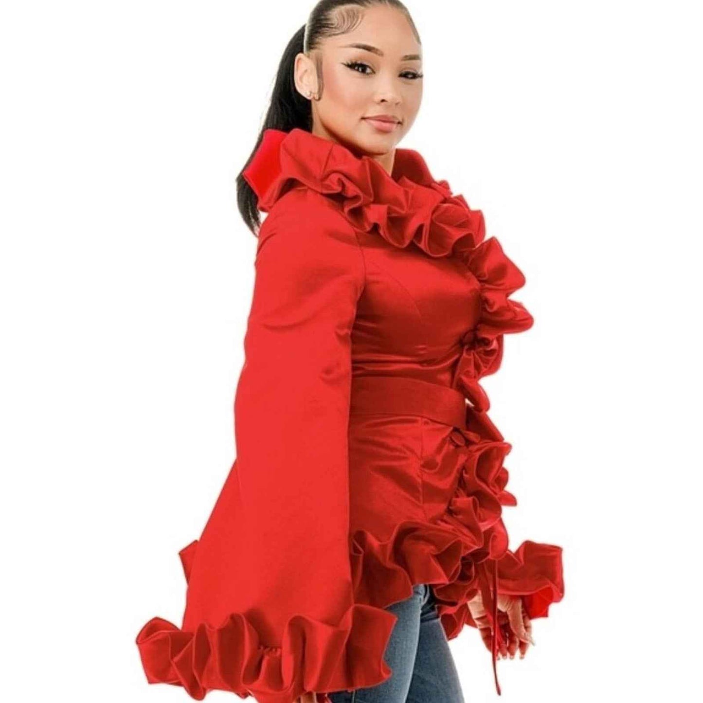 Red Plus Wide Round Neck Ruffle Top