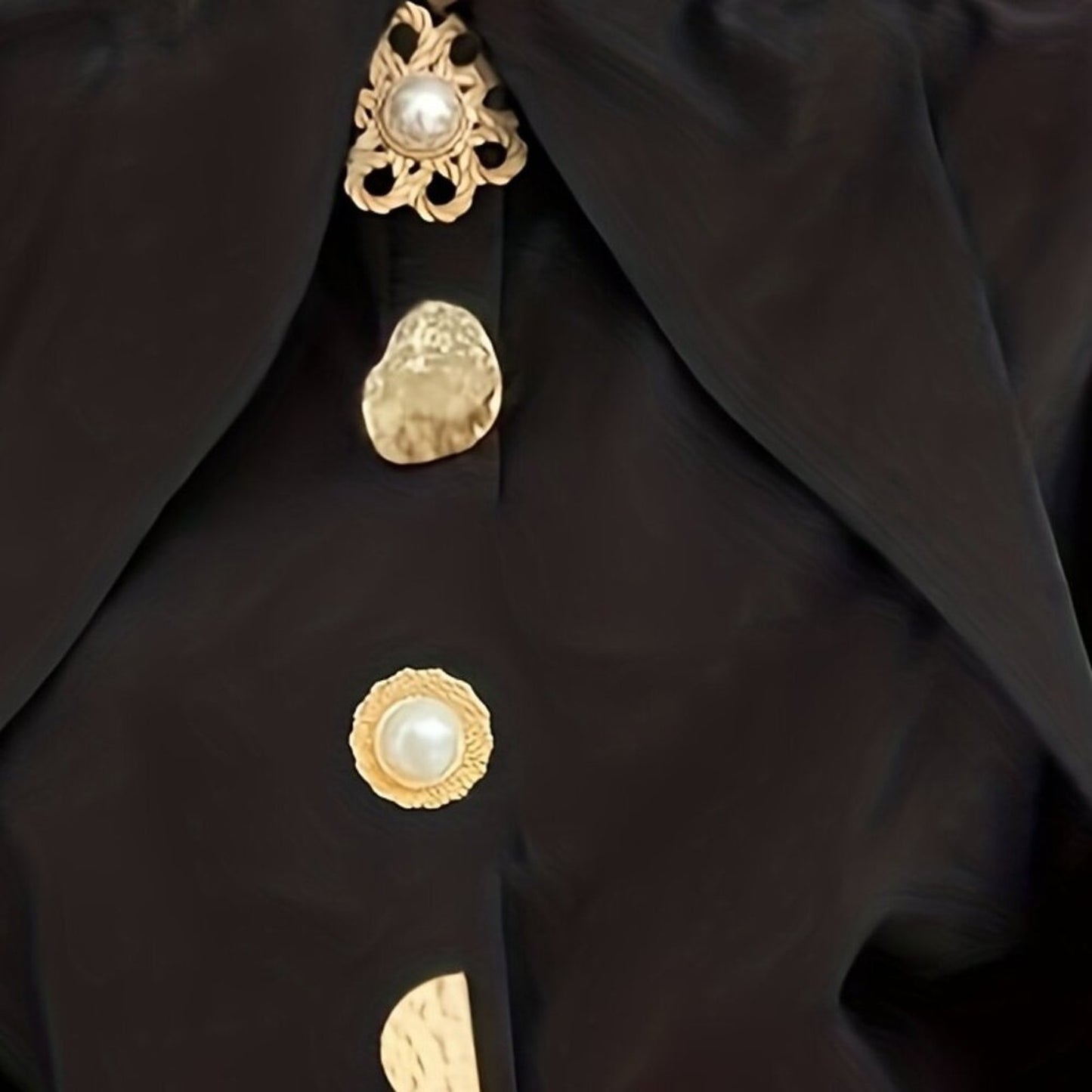 Black Vintage Statement Blouse with Gold Button Detail | Elegant Long Sleeve