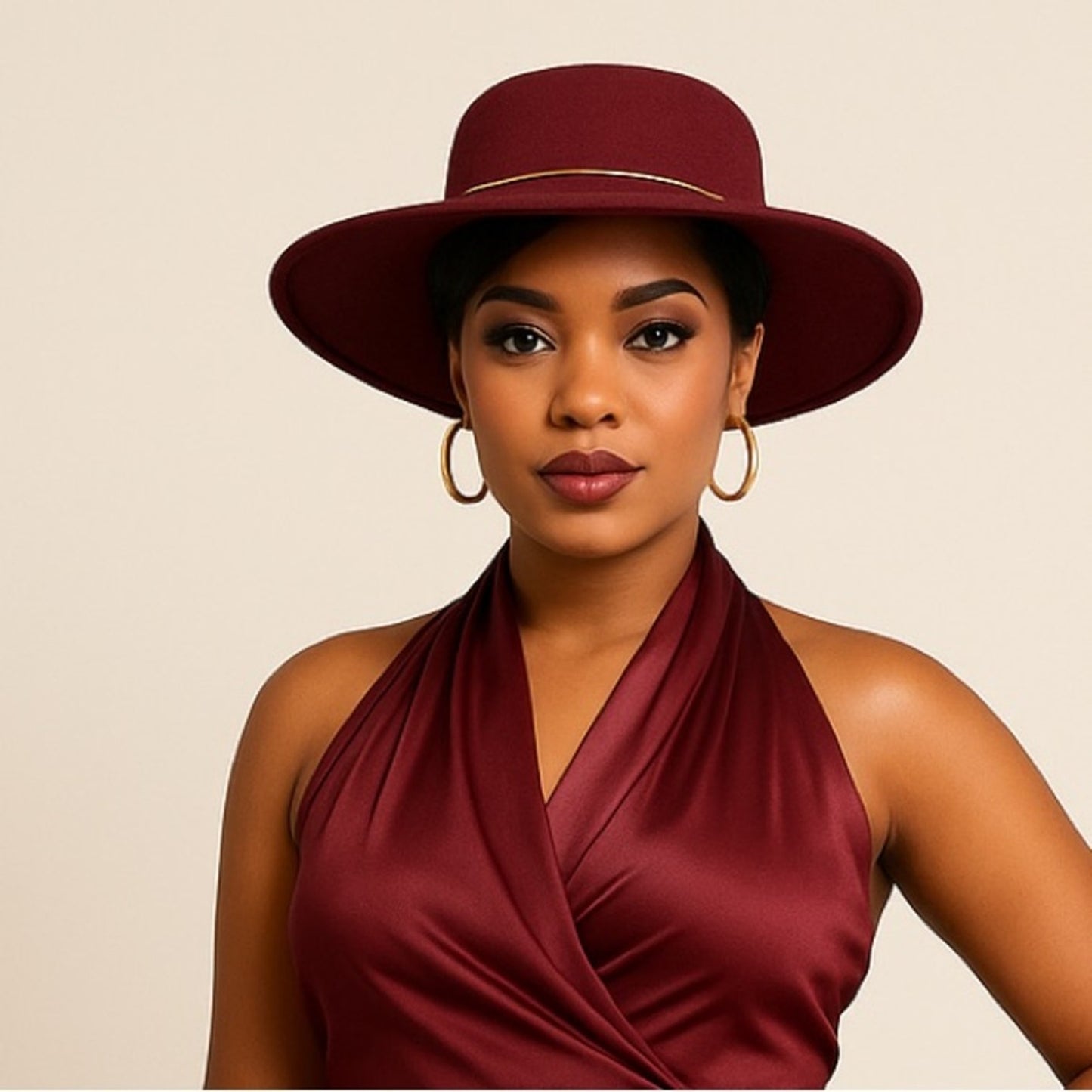 Burgundy Wide-Brim Felt Hat with Gold Accent Band