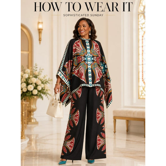 Plus Size Midnight Mosaic Ornamental Cape Pants Set 0XL–3XL