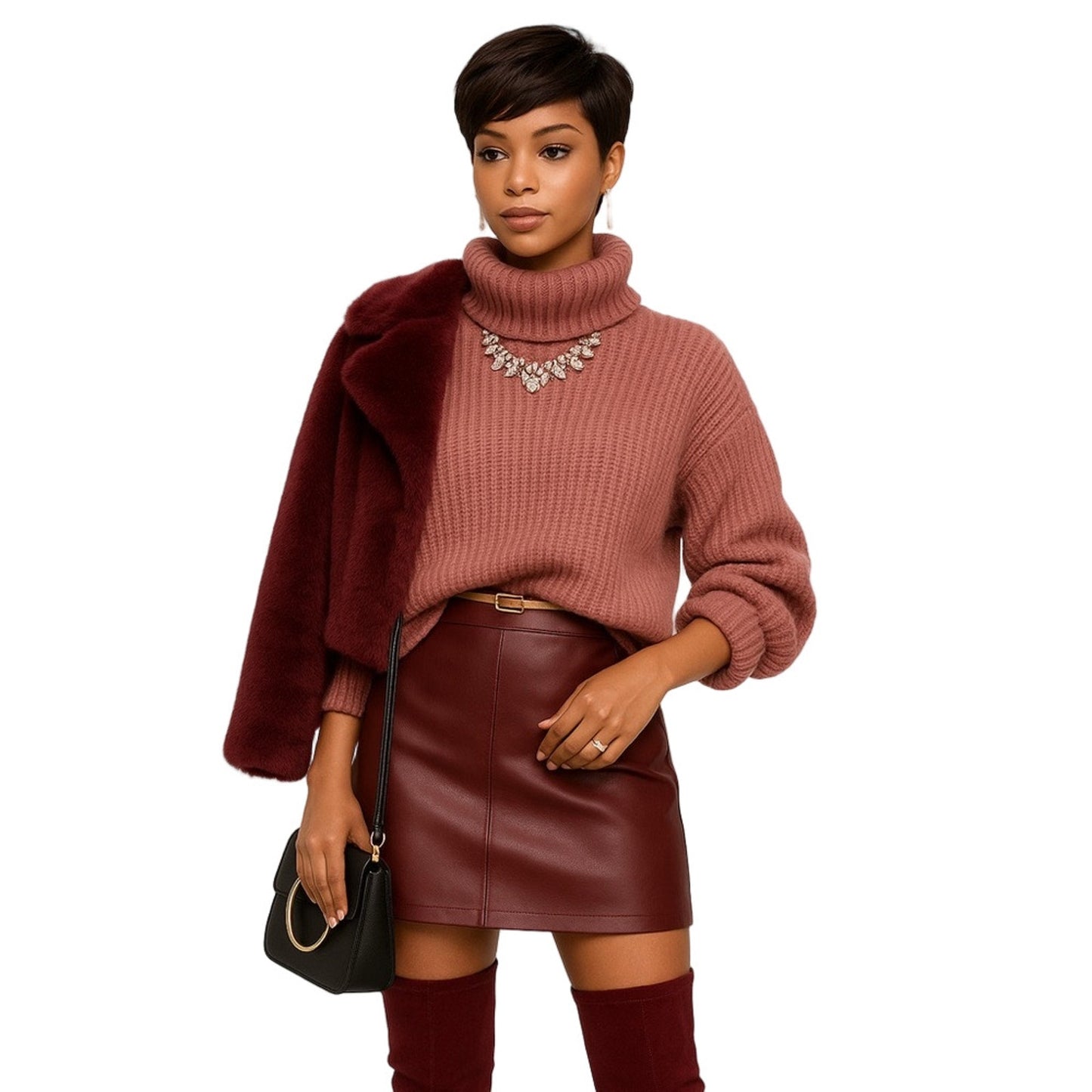 Woman wearing a pink sweater, burgundy coat, and leather skirt on a white background