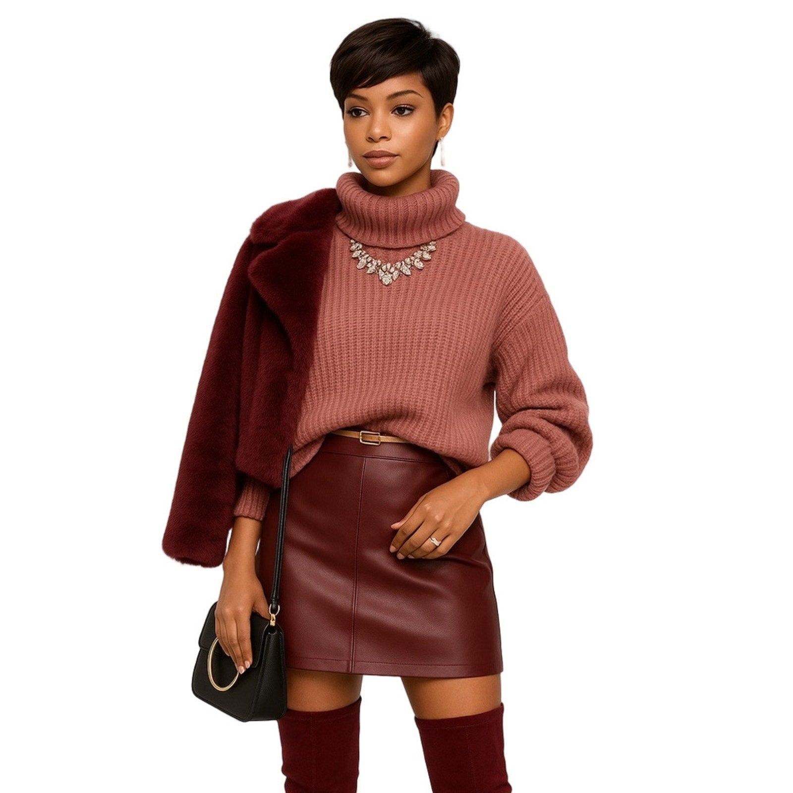 Woman wearing a pink sweater, burgundy coat, and leather skirt on a white background