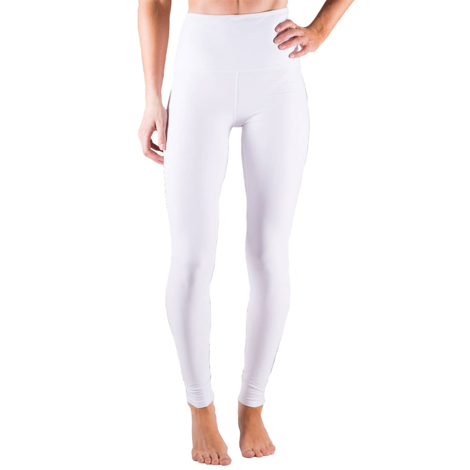 White leggings worn by a person on a white background