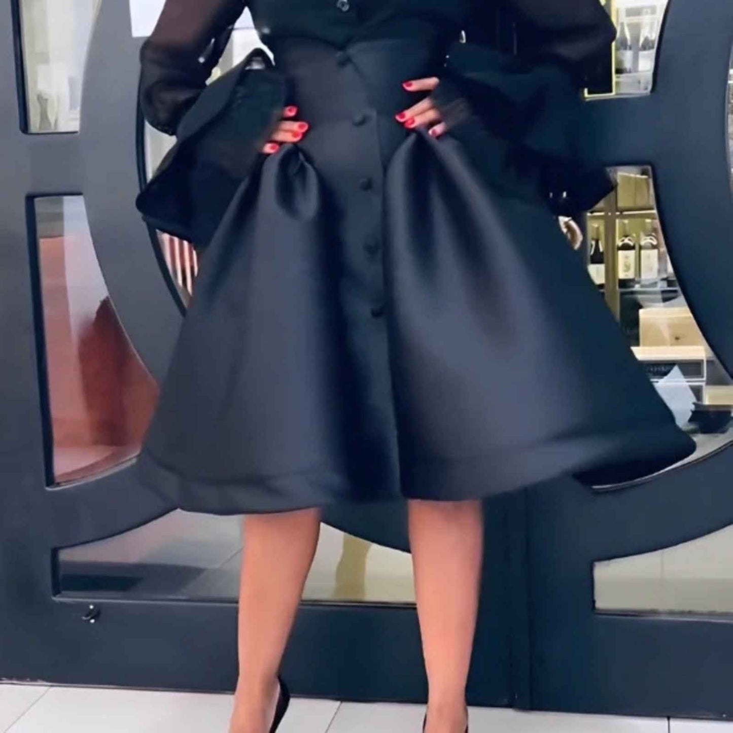 Stylish Black Mesh with Sheer Bell Sleeves Blouse Skirt Set