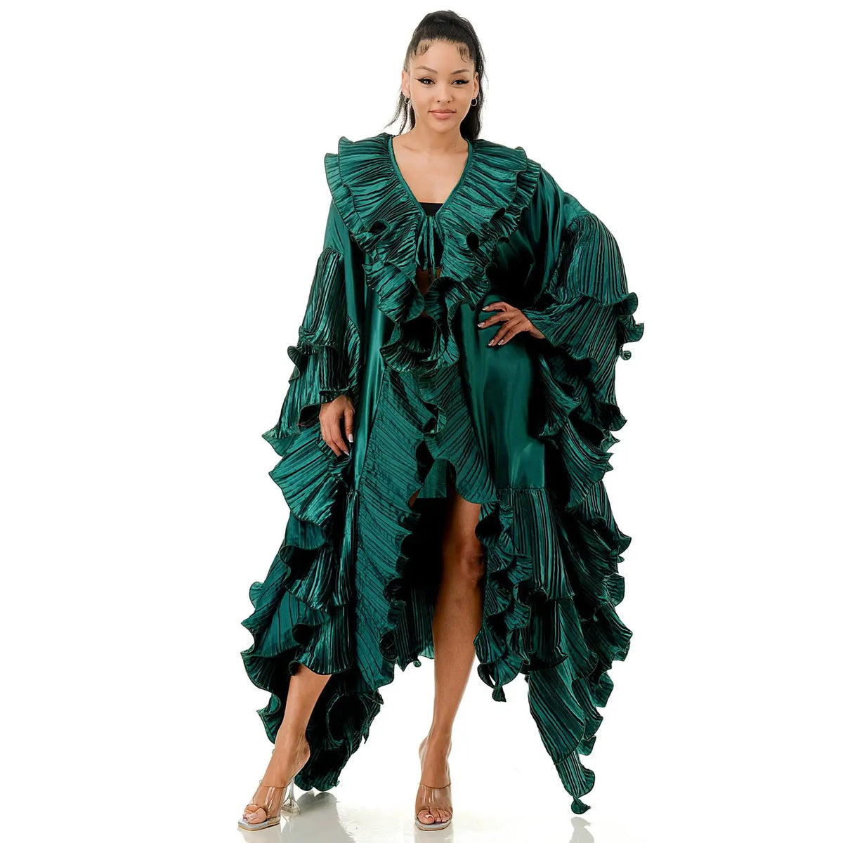 Plus Size Green Metallic Ruffle Maxi Duster Coat