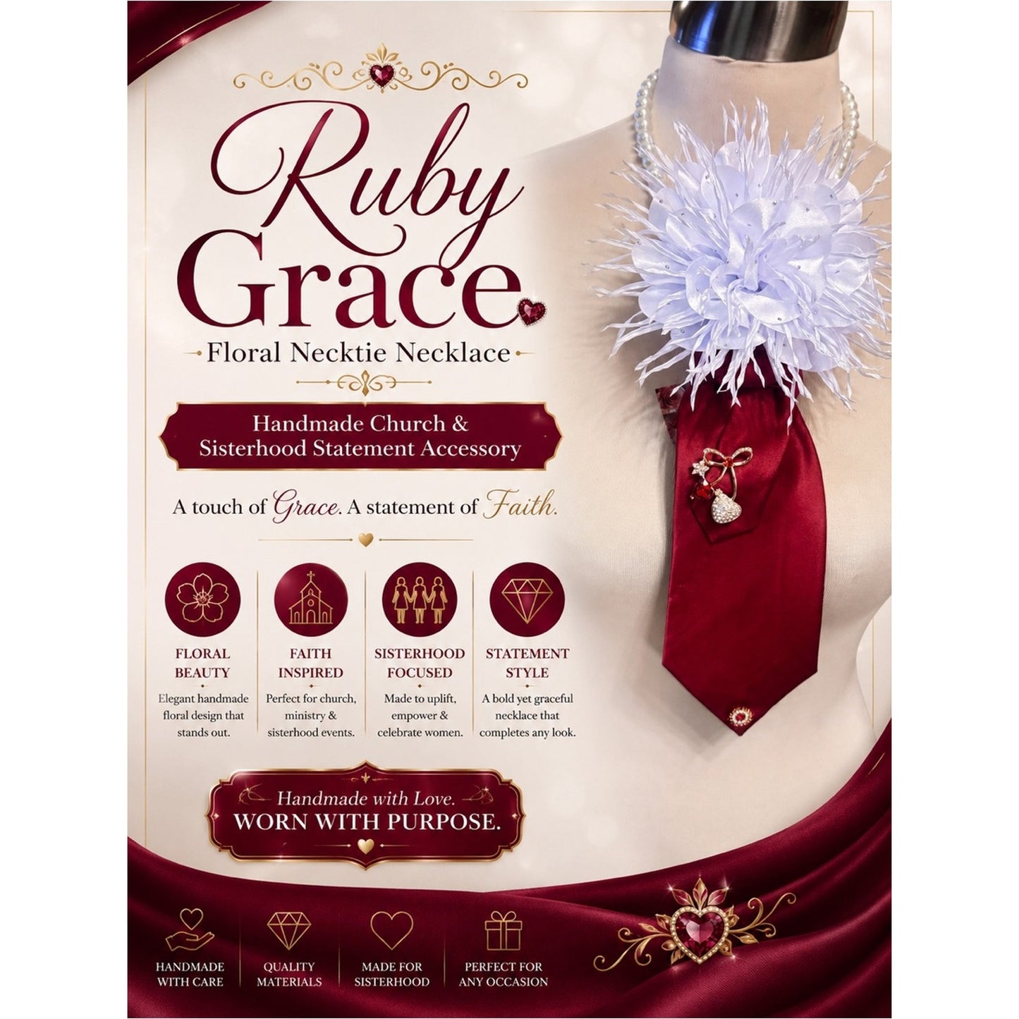 Ruby Grace Floral Necktie Necklace | Handmade Church & Sisterhood Statement