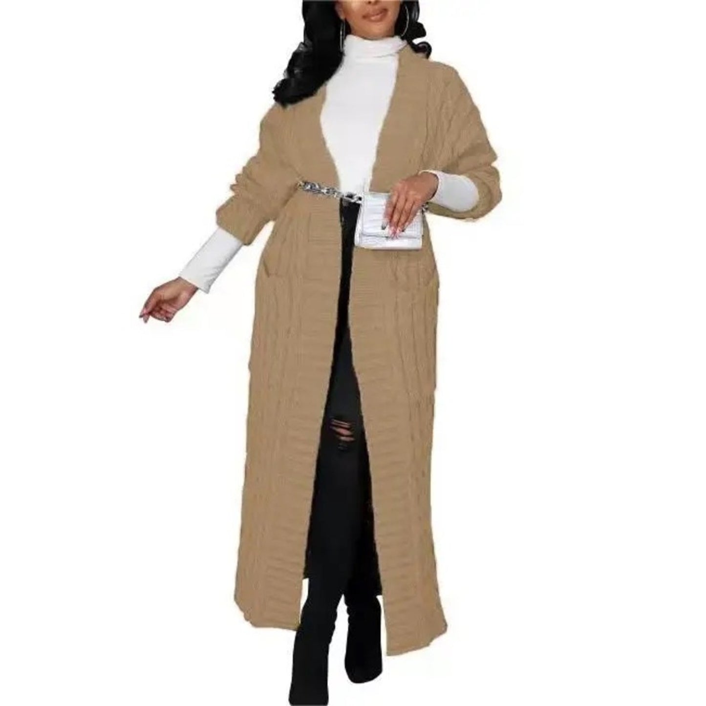 Khaki Long Coat Knit Cardigan
