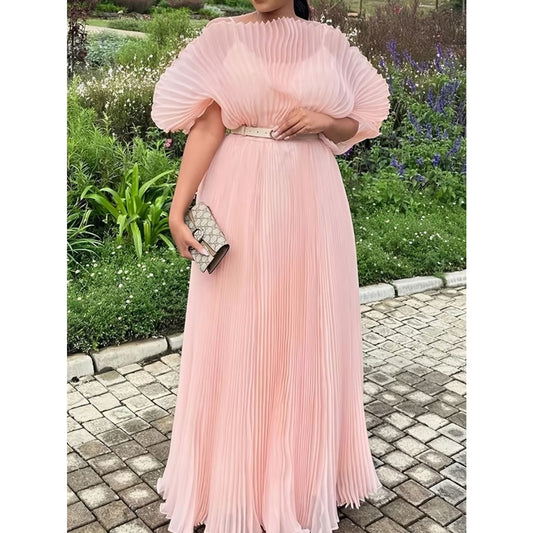 Blush Pink Pleated Batwing Sleeve Maxi Dress | Elegant Statement Gown | One Size