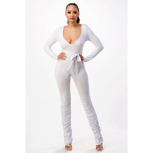 Ruched V-Neck Jumpsuit with Tie Waist