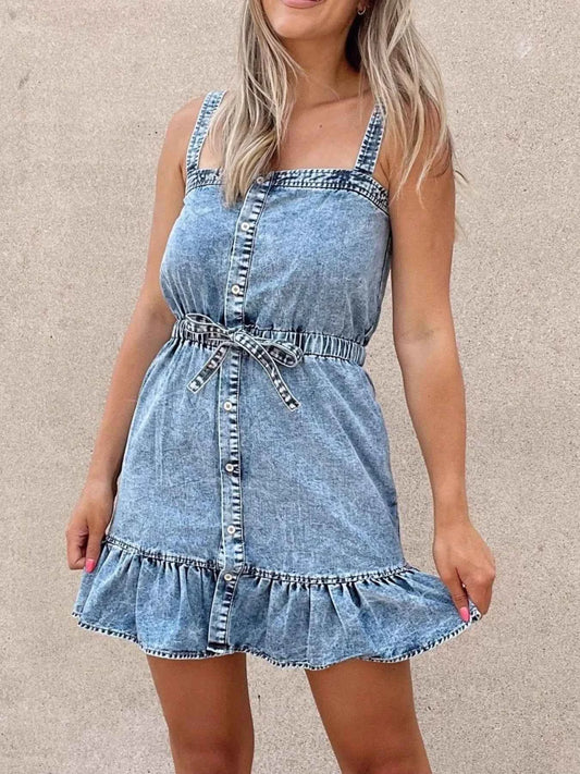 Casual Ruffled Hem Denim Mini Dress with Tie Waist
