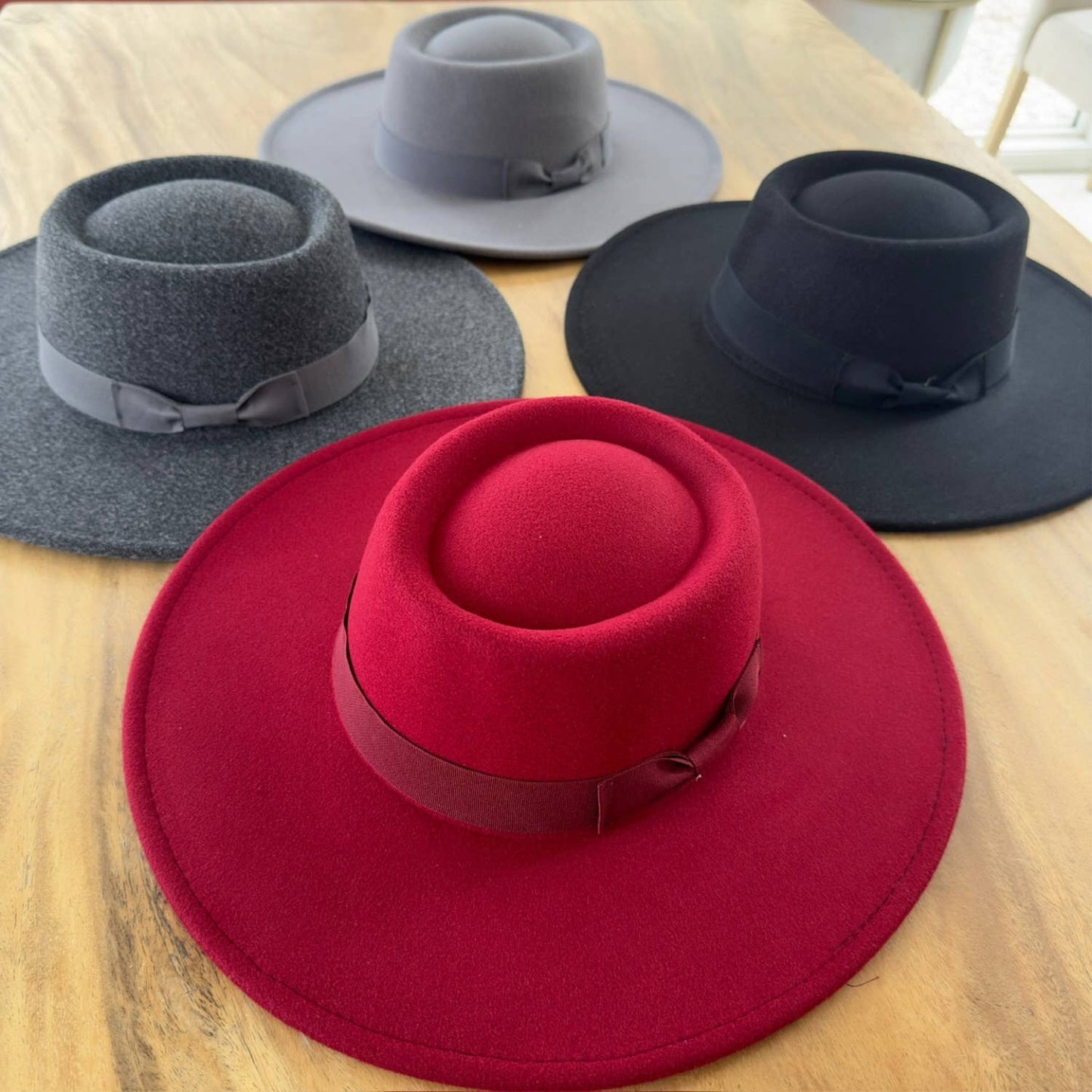 Wide Brim Boater Hat in Faux Felt - Structured Hat with Ribbon