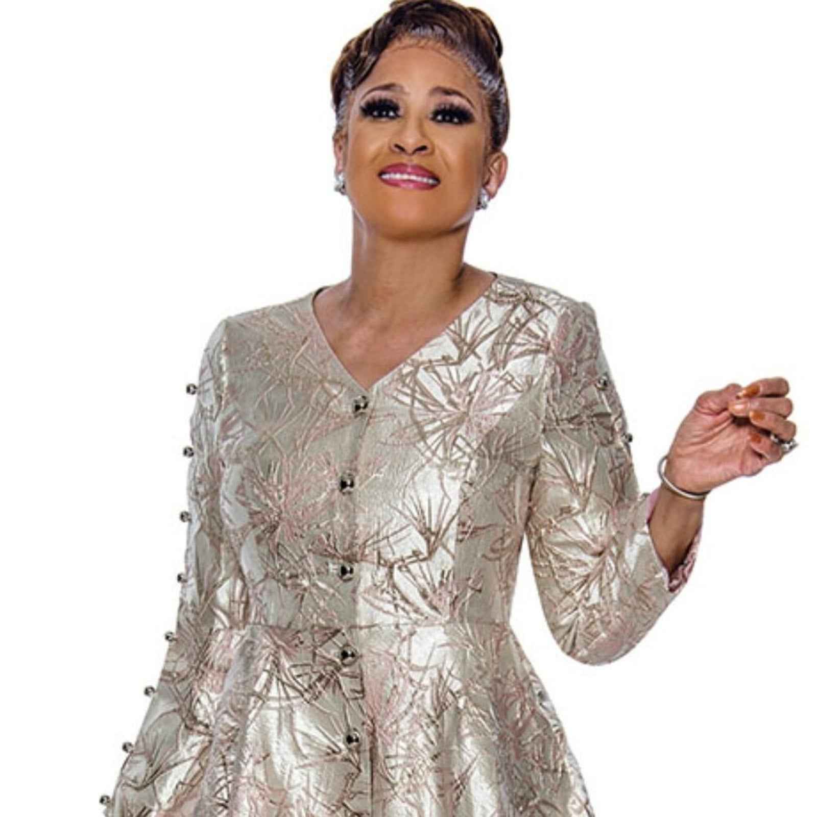 Dorinda Clark Cole Pink and Silver A-Line Long Sleeve Wedding Guest Dress